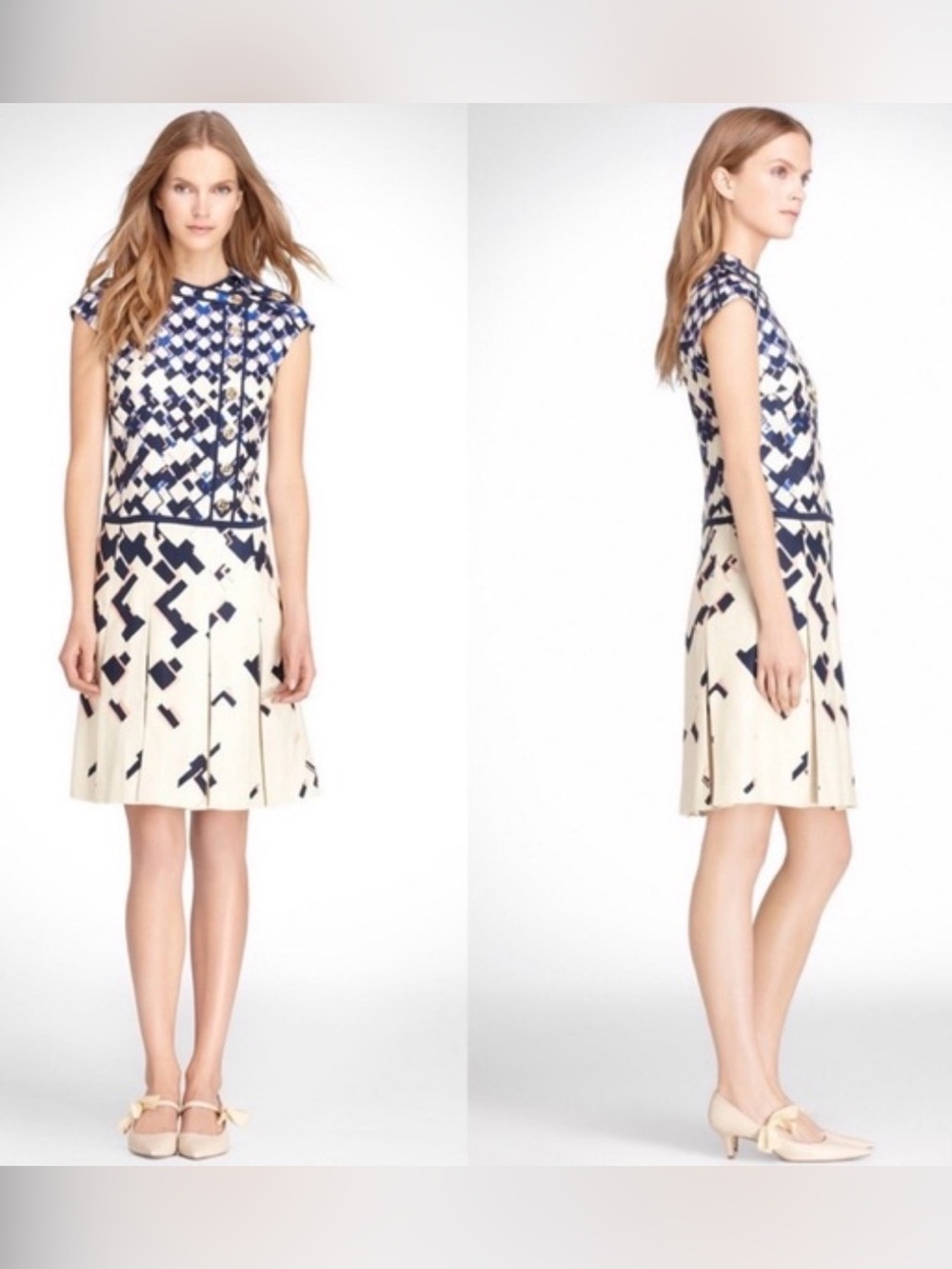 Tory Burch Silk Geometric Print Pleated Dress Size L